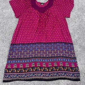 Marisol Dark Pink Floral Pattern Cotton Lined Golden Thread Midi Dress XXL